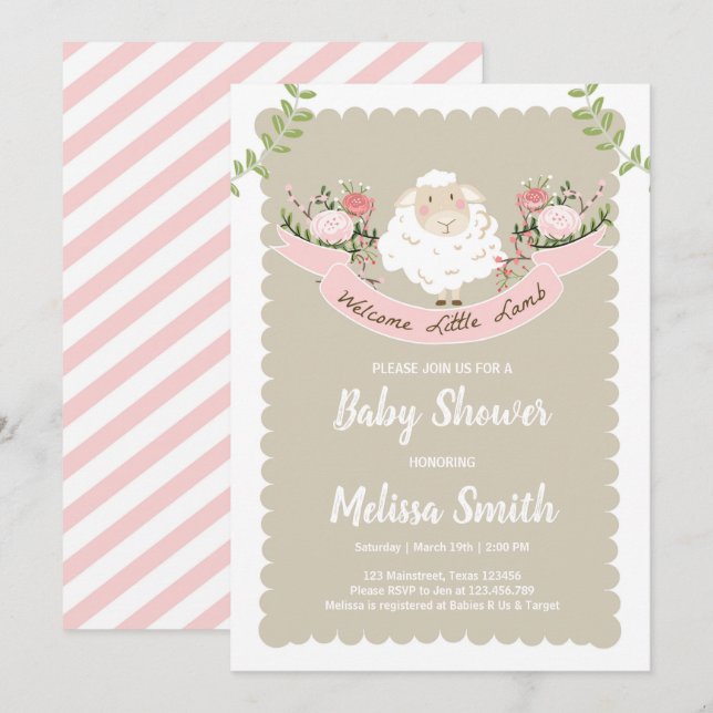 Lamb Baby Shower Invitation Girl Pink Spring (Front/Back)