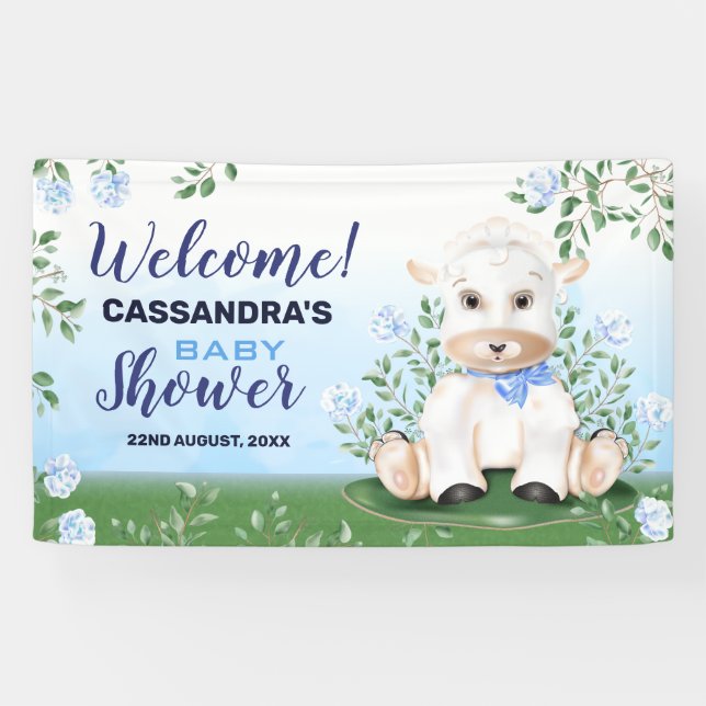 Lamb Blue Floral Baby Shower Banner (Horizontal)