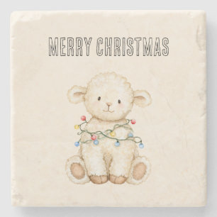 Lamb Christmas Tree Lights Stone Coaster