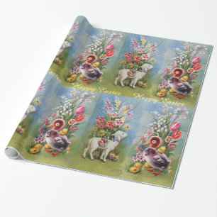 LAMB ,DUCK,CHICKENS AND EASTER EGGS WITH FLOWERS WRAPPING PAPER