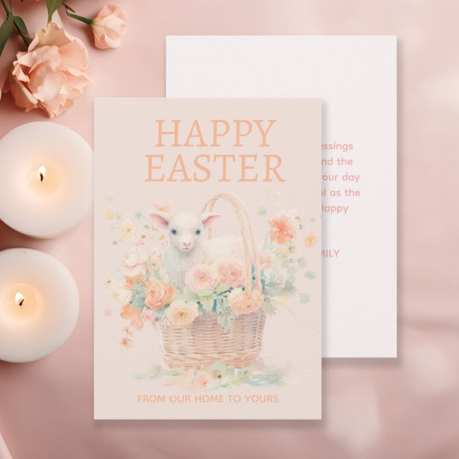 Lamb Easter Basket Peach Pink Floral Holiday Card (Baby lamb Easter basket greeting card.)
