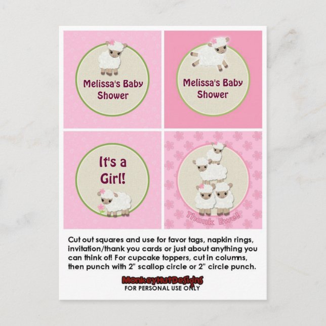 LAMB Girl Baby Shower Cupcake Topper Sweet Dreams Invitation Postcard (Front)