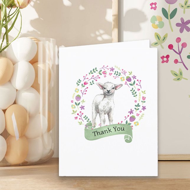 Lamb in Doodle Flower Wreath Cute Thank You Card (Spring Lamb Thank You Card from my Little Bunny & Little Lamb Baby Shower collection)