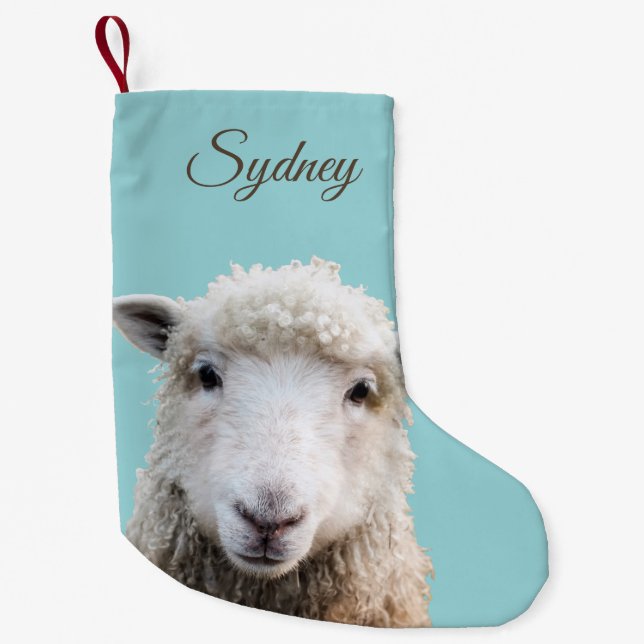 Lamb on Blue Custom Christmas Stocking (Front)