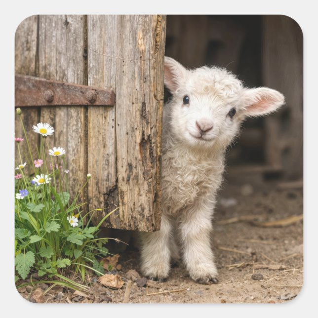 Lamb Peeking around a Barn Door Square Sticker (Front)