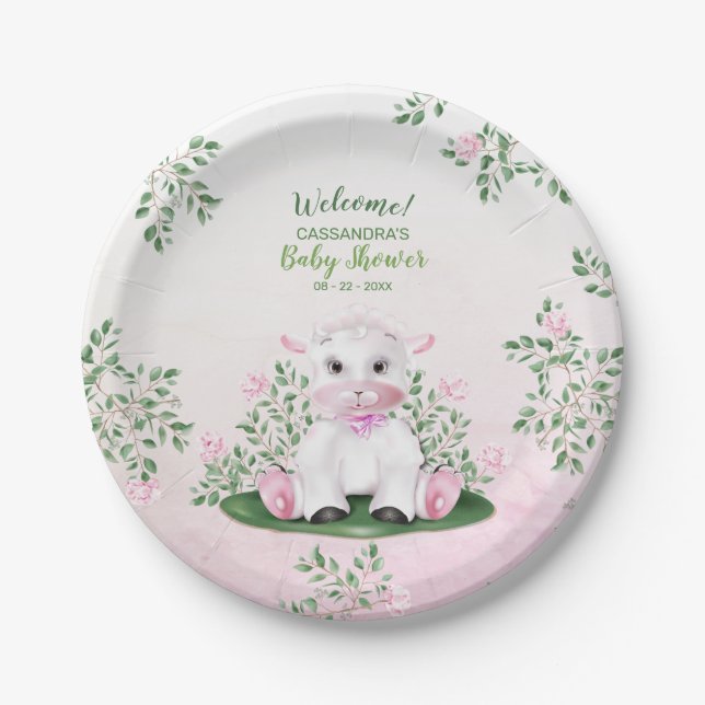 Lamb Pink Floral Baby Shower Paper Plate (Front)