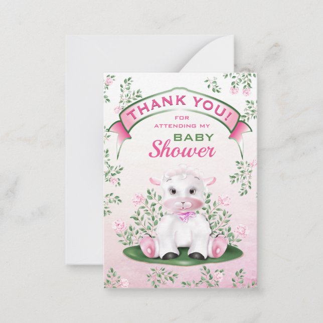 Lamb Pink Floral Baby Shower Thank You Card (Front)