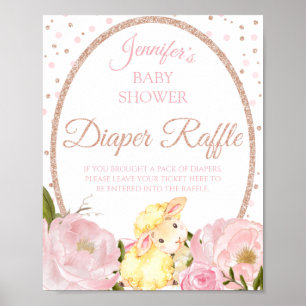 Lamb Pink Peony and Rose Baby Shower Diaper Raffle Poster