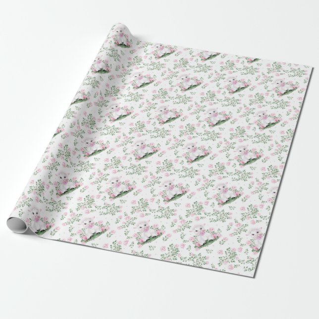 Lamb Pink Roses Floral Baby Shower Wrapping Paper (Unrolled)