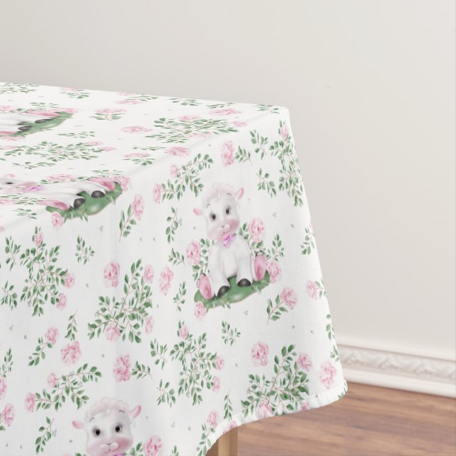 Lamb Pink Roses Floral Nursery Baby Shower Tablecloth (In Situ)