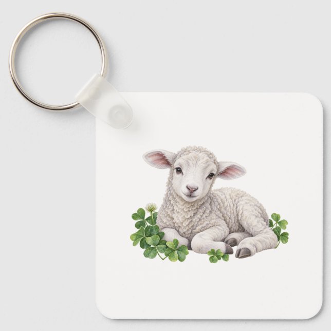 Lamb Resting in Clover Key Ring (Front)