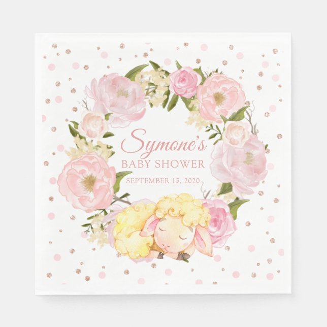 Lamb Rose Gold and Pink Peony Girl Baby Shower Napkin (Front)