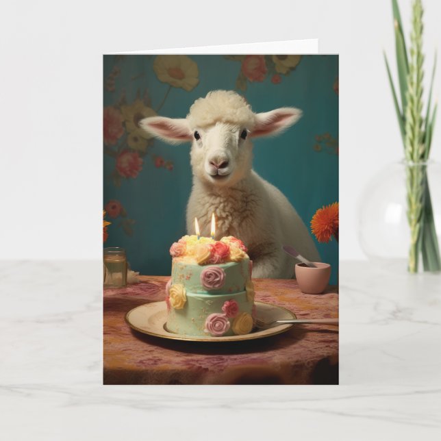 Lamb / Sheep with a Birthday Cake Card (Front)