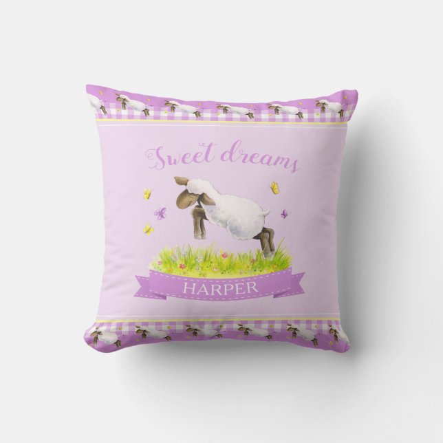 Lamb skipping cute custom name purple cushion (Front)