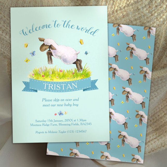 Lamb skipping cute welcome to the world aqua invitation (Creator Uploaded)