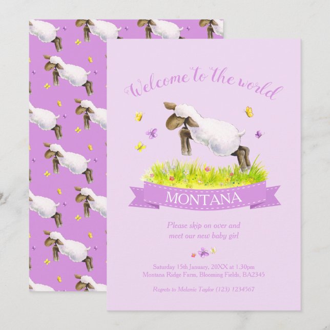 Lamb skipping cute welcome to the world purple invitation (Front/Back)