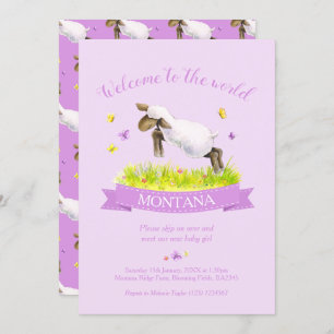 Lamb skipping cute welcome to the world purple invitation