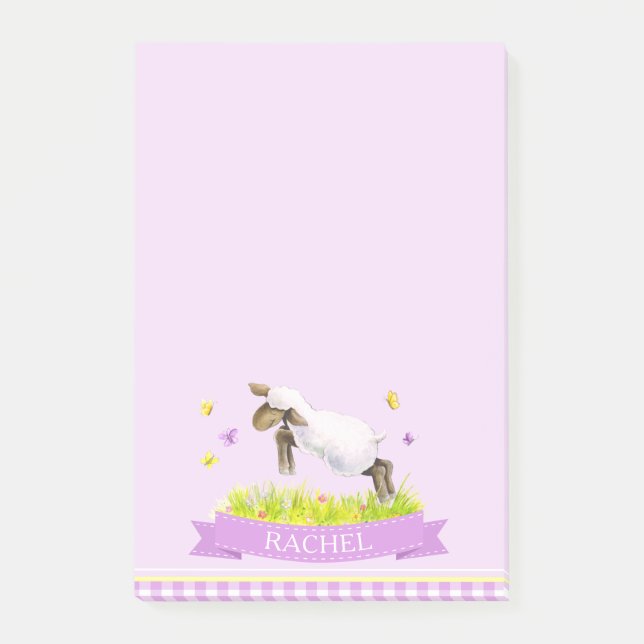Lamb skipping cute whimsy custom name purple post-it notes (Front)