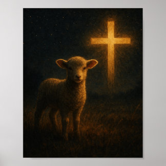 Lamb Under the Cross Christian Night Scene Art Poster