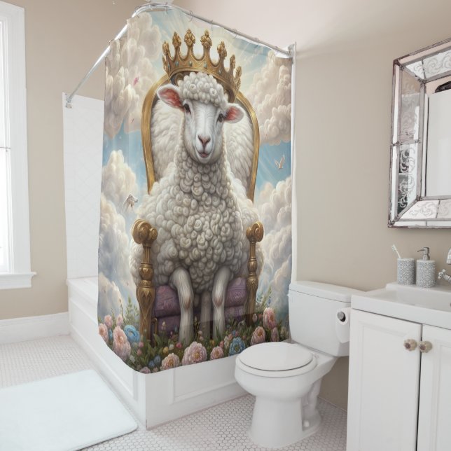 Lamb with a crown on a throne shower curtain (In Situ)