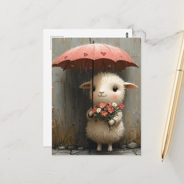 Lamb with Flowers and Umbrella in Rain Postcard (Front/Back In Situ)