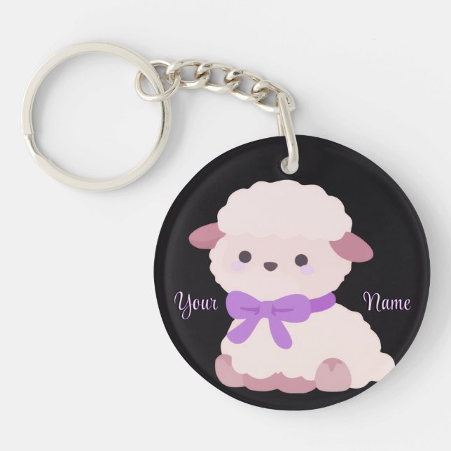 Lamb with Purple Bow Cute Kawaii Custom Black Key Ring (Front)