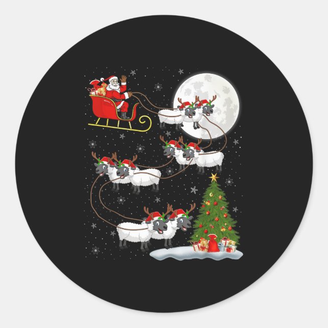 Lambs Sheep Santa Sleigh Flying Funny Magical Chri Classic Round Sticker (Front)