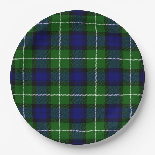 Lamont tartan blue green plaid paper plate (Front)