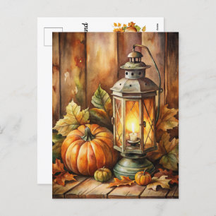 Lamp and Pumpkins Welcome Fall Holiday Postcard