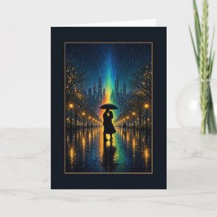 Lamplit Path Couple Under Umbrella in the Rain Card