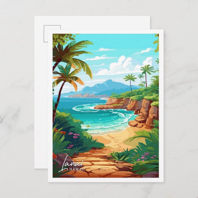 Lanai Hawaii Travel Vintage illustration Postcard (Front/Back)