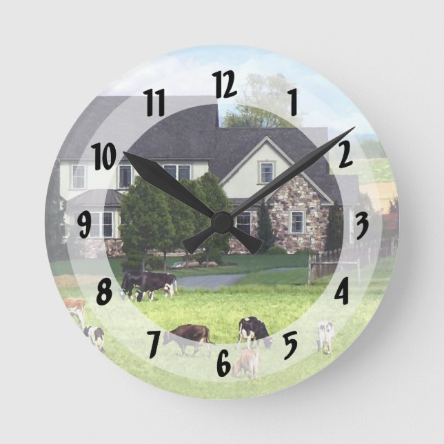 Lancaster PA - Family Farm With Cows in Pasture Round Clock (Front)