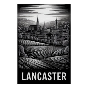 Lancaster Pennsylvania Skyline Black White Woodcut Poster