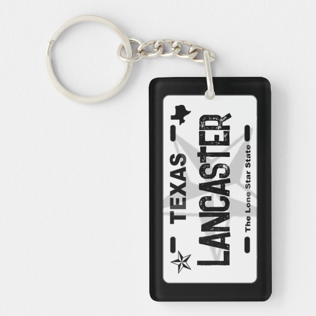 Lancaster Texas black license plate keychain (Front)