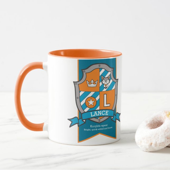Lance letter L crest orange name meaning mug (With Donut)