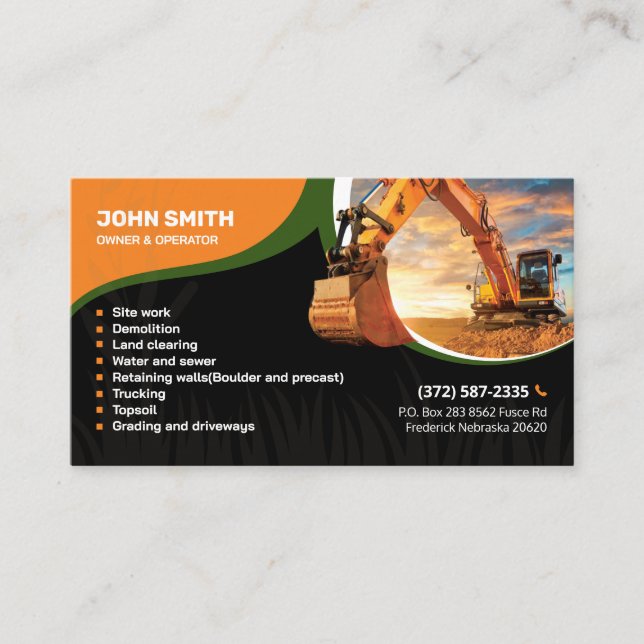 Land clearing, Excavation,Landscaping,Construction Business Card (Front)