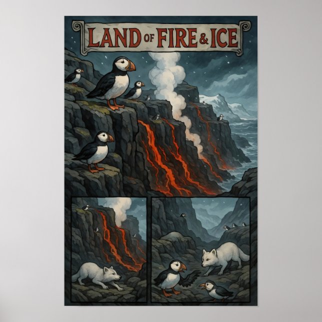 Land of Fire & Ice – Puffins, Lava & Arctic Fox Poster (Front)
