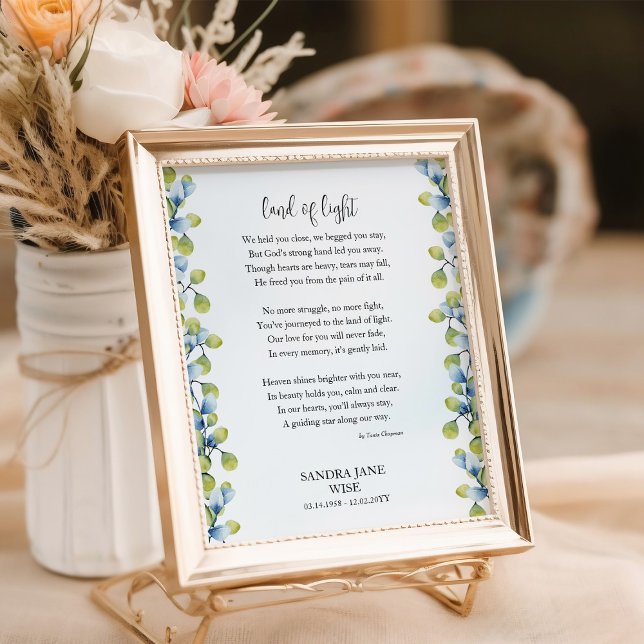 Land of Light Funeral Poem Memorial Poster (Poem Poster for funeral decor / memorial keepsake framed with greenery by Darling & May)