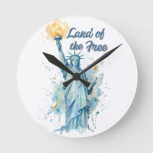 "Land of the Free - Watercolor Statue of Liberty P Round Clock
