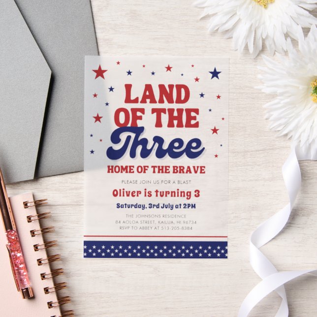Land of the Three 4th July Patriotic 3rd Birthday Vellum Invitations (Wedding)