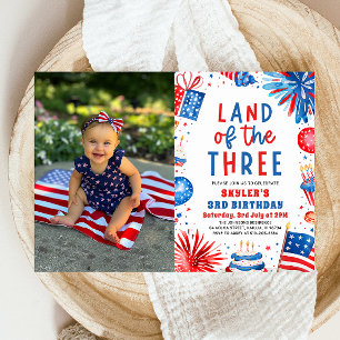 Land of the Three 4th of July 3rd Birthday  Invitation
