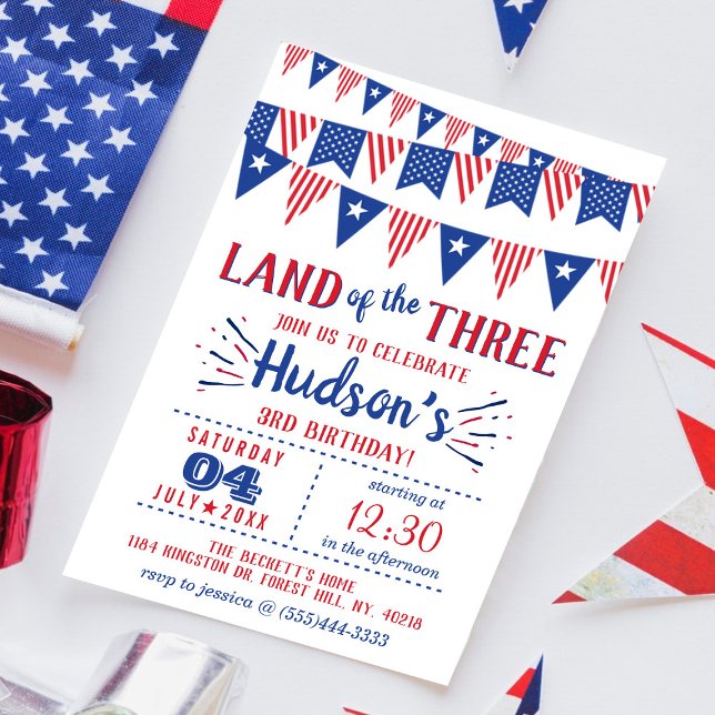 Land Of The Three! 4th Of July 3rd Birthday Party Invitation (Creator Uploaded)