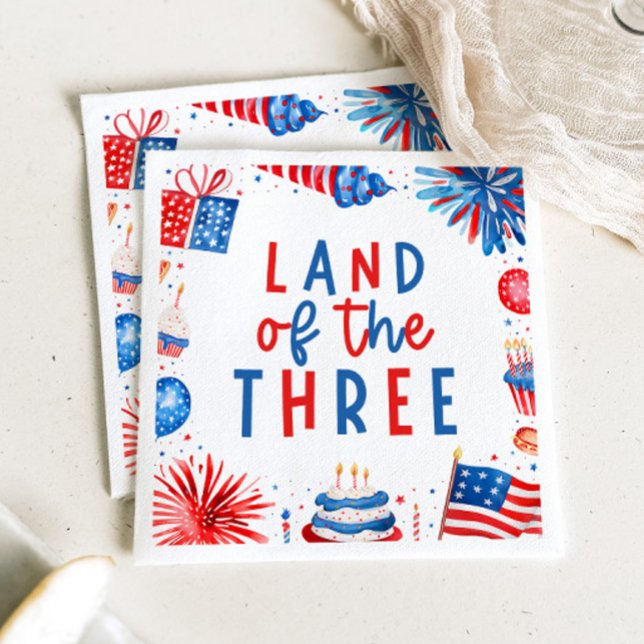 Land Of The Three 4th of July 3rd Birthday Party Napkin (Land Of The Three 4th of July 3rd Birthday Party Paper Dinner Napkins)