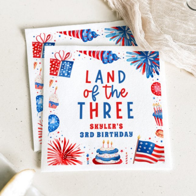 Land Of The Three 4th of July 3rd Birthday Party Napkin (Land Of The Three 4th of July 3rd Birthday Party Paper Dinner Napkins)
