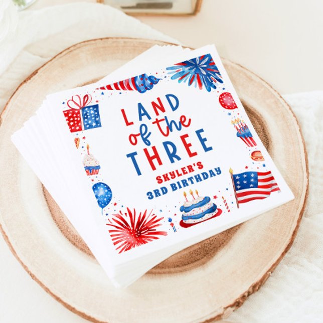 Land Of The Three 4th of July 3rd Birthday Party Napkin (Land Of The Three 4th of July 3rd Birthday Party Paper Dinner Napkins)