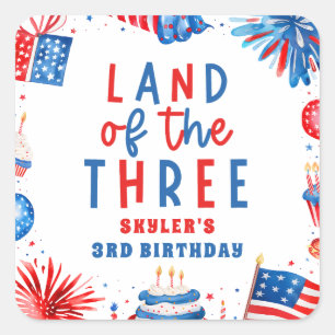 Land Of The Three 4th of July 3rd Birthday Party Square Sticker