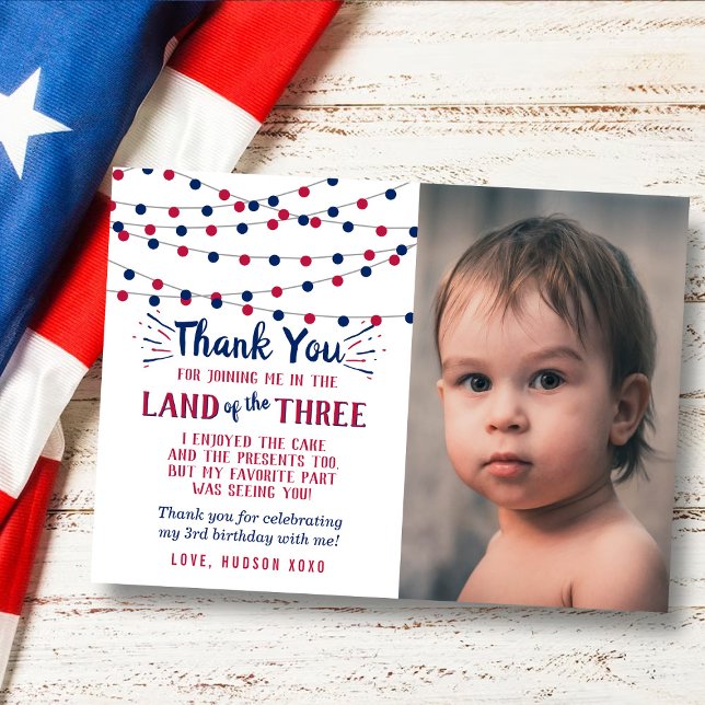 Land Of The Three Of July 3rd Birthday Photo Thank You Card (Creator Uploaded)
