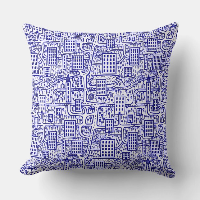 Land of Towers - Navy Blue on White Cushion (Front)