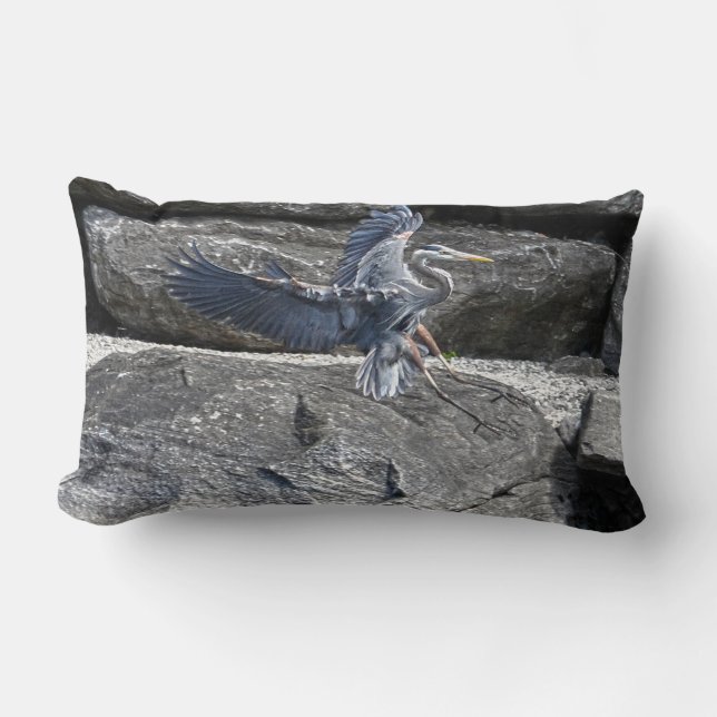 Landing Great Blue Heron Wildlife Birdlover Photo Lumbar Cushion (Front)