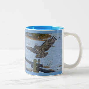 Landing Great Grey Owl and Snow Wildlife Raptor Two-Tone Coffee Mug